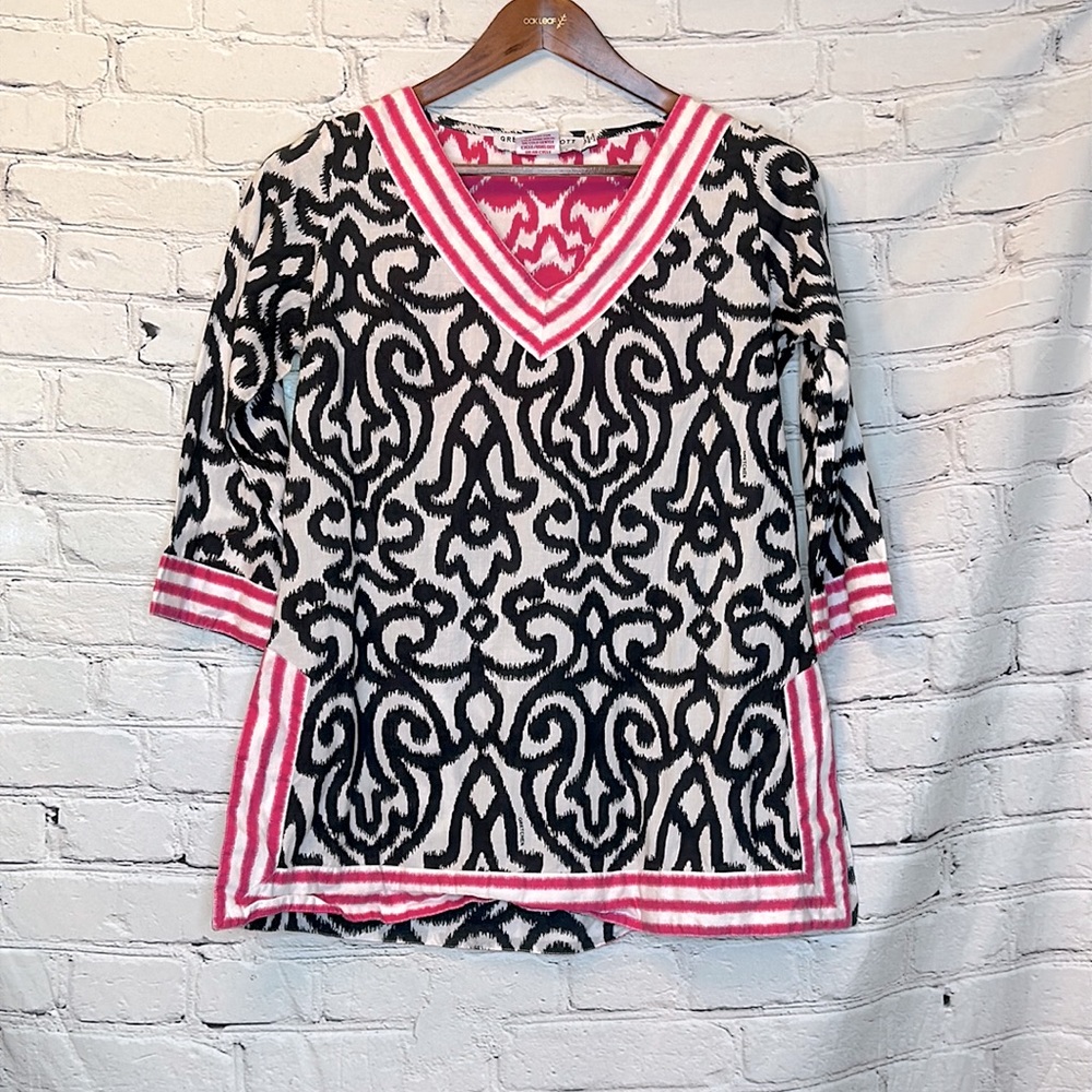 Gretchen Scott Designs Navy Blue White Pink V-Neck Tunic Top Size Small